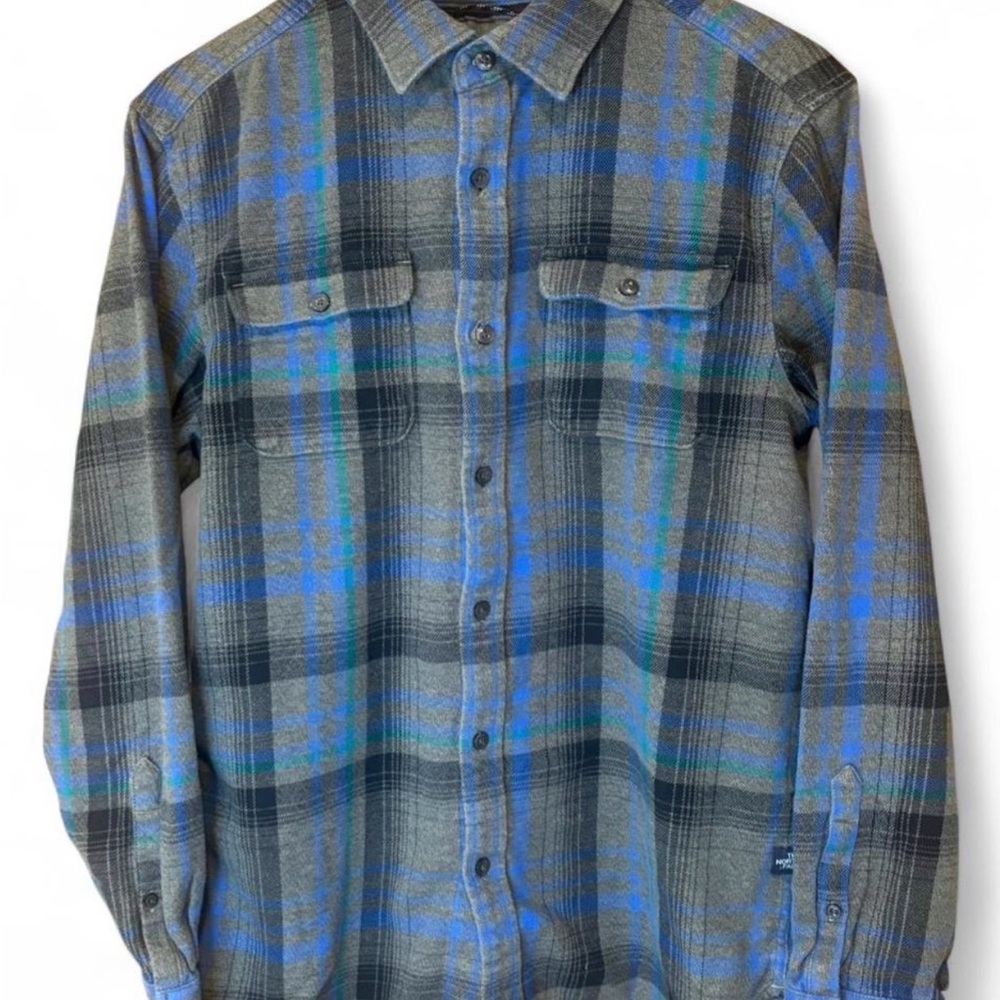 The North Face Gray and Blue Plaid Button Flannel